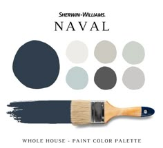 sherylin williams's naval blue paint color palette with the words, whole house - paint color palette