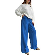 Blue High Waisted Draped Wide Leg Pants Blue Straight Leg Bottoms For Fall, Fall Blue Straight Leg Bottoms, Blue Wide-leg Jeans, Blue Bottoms With Pockets For Fall, Blue Wide Leg Pants With Relaxed Fit For Fall, Casual Blue Dress Pants For Fall, Blue Stretch Wide-leg Jeans, Blue Full-length Pants For Spring, Blue Baggy Jeans For Work