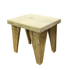 a small wooden stool sitting on top of a white floor