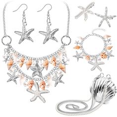 PRICES MAY VARY. Starfish Jewelry Set: you will receive 2 starfish hair clips, 1 starfish necklace, 1 starfish bracelet, 1 seashell purse, 1 pair of starfish earrings, fashion starfish accessory make your more charming and beautiful Seashell Purse: the seashell purse is designed in silver seashell shape, bright color and pearl metal chain will get more attention; The capacity can hold your cash, keys, lipstick, and other small things Starfish Accessories: the starfish necklace and bracelets are Bracelets Seashell, Starfish Accessories, Seashell Purse, Starfish Hair Clip, Silver Clothing, Mermaid Accessories, Starfish Jewelry, Shell Purse, Starfish Bracelet