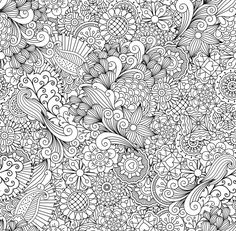 an abstract black and white coloring page with lots of flowers in the middle, on top of