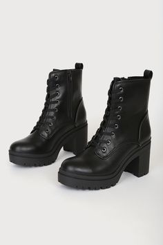 Level up your look with the Lulus Riana Black Lace-Up Platform Boots! Smooth faux leather shapes these trendy boots that have a rounded toe and a lace-up mid-calf shaft with a 5"" zipper on the side and pull tab at back. Chunky platform sole gives these boots some major utilitarian vibes! 3" rubber block heel. Cushioned insole. Rubber sole has nonskid markings. Man made materials. Imported. Lulus | Riana Black Lace-Up Platform High Heel Boots | Size 11. Black Lace Up Heel Boots, Black Chunky Platform Boots, Black Boots With Heels, Combat Boot Heels, High Heel Combat Boots, Platform Leather Boots, Chunky Platform Boots, Heeled Lace Up Boots, Black Lace Up Heels