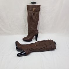 I bring to your attention brown women's leather knee-high boots with a round toe on a small platform. Fashion of the 90s - 2000s. Vintage heeled boots with buckles on the sides will highlight the beauty of your feet. A fashionable model in boho style that will complement any look. In a single copy. Limited edition, in good condition. Materials: leather The circumference calf width - 14 Inches Boots height - 19 Inches Heel height - 4,5 Inches Height platform - 0,5 Inches Size - (9 US) (40 EU) (6, Leather Thigh High Platform Heeled Boots, Brown Wide Calf Knee-high Boots, Wide Calf Knee-high Platform Boots, Knee-high Platform Boots For Wide Calves, Thigh High Wide Calf Faux Leather Boots, Wide Calf Thigh High Faux Leather Boots, Brown Knee-high Wedge Boots For Fall, Faux Leather Wedge Boots With Round Toe, Fitted Faux Leather Wedge Boots With Round Toe