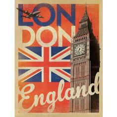 an old poster with the british flag and big ben on it's side, says london england