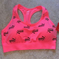 Nwt Vibrant Print Puma Sports Bra. Puma Logo Throughout In Black With Racerback Style. Supportive Pink Activewear For Light Sports, Pink Athletic Fit Sports Bra, Pink Racerback Sports Bra With Athletic Fit, Pink Breathable Sports Bra For Sports Events, Pink Sporty Activewear For Light Sports, Sporty Pink Activewear For Light Sports, Casual Sports Bra For Spring Running, Casual Sports Bra For Running In Spring, Pink Sporty Sports Bra With Athletic Fit