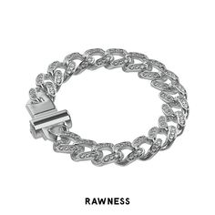 Introducing the latest and greatest addition to the Rawness jewelry collection: the Cuban Chain Iced Out Full Diamond Bracelet. This stunning piece is crafted from high-quality white gold plating and boasts a 12mm wide Cuban chain design.Featuring a full diamond design, this bracelet is iced out with dazzling, sparkling diamonds that will catch the light and make you shine. The diamonds are expertly set to ensure maximum sparkle and shine, making this bracelet a true showstopper.This bracelet is Classic White Gold Bracelets With Chunky Chain, Classic White Gold Bracelet With Chunky Chain, Classic White Gold Chunky Chain Bracelet, Classic Sterling Silver Chunky Chain Bracelet, Classic White Gold Chunky Chain Jewelry, Elegant White Gold Bracelet With Chunky Chain, Classic White Gold Jewelry With Chunky Chain, Classic Silver Cuban Link Bracelet With Chunky Chain, Silver Cuban Link Bracelet With Chunky Chain