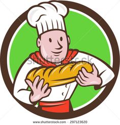 a chef holding a loaf of bread in his hands and smiling at the camera with an oval