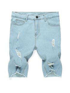 Add a stylish and comfortable touch to your wardrobe with these Men Stretch Light Blue Ripped Denim Shorts. Crafted from high-quality denim fabric, they are soft to the touch and allow for easy movement. They feature a distressed design with a washed-out look, adding dynamic style. Designed by 4COLORDRESS Casual Ripped Short Jeans, Casual Stretch Cutoff Jeans, Stretch Distressed Washed Blue Bottoms, Casual Cutoff Jeans In Denim Blue, Stretch Cutoff Jeans With Pockets, Short Leg Denim Blue Jeans With Pockets, Slim Fit Cotton Jeans For Summer, Casual Stretch Denim Jean Shorts, Slim Fit Denim Blue Bottoms With Pockets