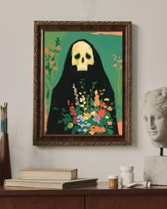 a painting with a skull sitting on top of a table next to a book shelf