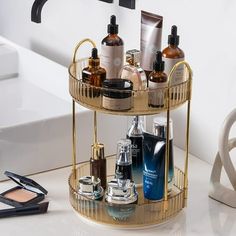 This turntable organizer can be used as: perfume holder organizer, bathroom organizer countertop, nail polish organizer, dresser organizer countertop, skin care organizer, spice racks, fruit case, etc. The bedroom, bathroom, closet cabinet, kitchen, dresser, office, or countertop are good places to place it. Colors: White Clear/Green/Gold Size: 2 Tiers/3 Tiers Material: Plastic & Alloy Steel Style: Light luxury Mounting Type: Tabletop Mount Size: 2 Tier.  Color: Yellow. Makeup Carousel, Bathroom Skincare Organization, Makeup Organizing, Cosmetics Organizer, Rotating Makeup Organizer, Uni Dorm, Organize Bathroom Countertop, Dresser Organizer, Makeup Stand