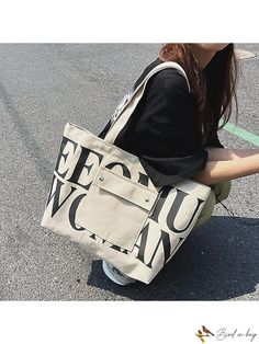 Bird in Bag - Womens Fashionable Large Capacity Printed Shoulder Tote Beige Casual Canvas Bag For Daily Use, Casual Beige Canvas Bag For Daily Use, Casual Canvas Bag For Daily Use, Trendy Beige Canvas Bag With Letter Print, Large Capacity Casual Canvas Bag, Casual Large Capacity Canvas Bag, Casual Bags With Letter Print For Daily Life, Casual Beige Shoulder Bag With Letter Print, Casual Letter Print Bags For Daily Use