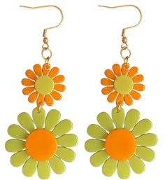 70s Green and Orange Flower Power Groovy Earrings - Relic828 Orange Drop Earrings For Spring, Trendy Green Flower Shaped Jewelry, Green Flower Earrings For Spring, Spring Orange Drop Earrings, Green Dangle Flower Earrings For Spring, Trendy Green Flower Earrings, Green Flower-shaped Earrings For Summer, Green Flower-shaped Earrings For Spring, Green Flower Shaped Earrings For Spring