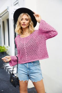 Introducing our Lenora Long Sleeve Pullover Top in dusty pink. With its playful perforated details, this top adds a touch of fun to any outfit. Made from soft, lightweight fabric, it's perfect for a casual day out or a cozy night in. Get ready to turn heads in this unique top! Size Guide: Model is 5’62” tall, and has a 32.6” bust, 24.2”waist, & 35.9” hips. She is wearing a S / US 4 / AU 8. This top is true to size. Feature: Crew neckline. Pullover. Long sleevels.Perforated Knit Fabric. Not lined. Oversized Relaxed Fit. Material: 100% Acrylic. Care Instructions: Machine wash / Cold hand wash. Spring Hollow Out Crew Neck Sweater, Spring Crew Neck Sweater With Hollow Out Design, Spring Hollow Out Knit Sweater, Trendy Hollow Out Sweater For Spring, Spring Knit Hollow Out Sweater, Hollow Out Knit Sweater For Spring, Pink Pointelle Knit Long Sleeve Top, Casual Long Sleeve Hollow Out Top, Pink Pointelle Knit Top