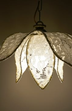 an image of a light fixture with lace hanging from it's sides and leaves