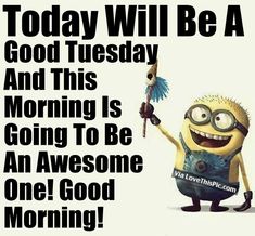 a minion holding a bird and pointing to it's right side with the caption today will be a good tuesday and this morning is going to be an awesome one good morning