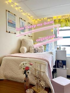 a bedroom with lights strung above the bed