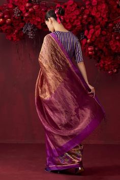 Violet jamdani saree in handwoven organza mulberry silk base with a floral jamdani border. - Aza Fashions Saree Women, Sarees Silk, Border Saree, Jamdani Saree, Handloom Saree, Mulberry Silk, Aza Fashion, Silk Sarees, Violet