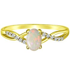 Simple beauty and craftsmanship are abundant in this lustrous gold and precious gemstone ring. 14K yellow gold, approx 2grms, is sculpted and polished into the unique twisted design of the band, adding a touch of modern flair to this classic piece while maintaining its timeless elegance. The sparkling precious 5x4mm oval cut opal stone is elegantly set in a twisted 14K Yellow Gold band. A dazzling array of twelve accent diamonds sized 1.2mm further accentuates the center gemstone, weighing 0.35CTW and in G-H Color, S1 clarity. The ring is a gorgeous and meaningful choice for any occasion. Country/Region of Manufacture: United States Brand: Megasettings Handmade: Yes Department: Women Occasion: Engagement, Art, Beauty, Fashion & Costumes, Love Personalize: Yes Seller Warranty: Yes Sizable: Gold Oval Opal Ring With Stone Setting, Oval Gold Opal Ring With Stone Setting, Oval Gold Opal Ring In 14k Gold, Gold Opal Ring With Center Stone, Gold Opal Ring With Center Stone For Formal Occasions, Gold Opal Ring With Center Stone For Formal Events, Yellow Gold Oval Rings With Stone Setting, Oval Yellow Gold Ring With Stone Setting, Gold Opal Ring With Accent Stones In 14k Gold