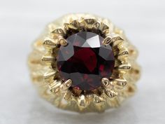 "This ring is a beautiful piece of quality craftsmanship. The yellow gold material is durable, while the garnet is a classic and elegant stone. This combination of stylishness and durability make this an ideal item for everyday wear. Metal: 18K Yellow Gold Gem: Garnet 4.29 Carats Gem Measurements: 9.3 mm, Round Ring Size: 5.25 Marks: \"CR 18K\" Stamped on the inside band SKU #: A29860 Each piece has been identified and graded by a Graduate Gemologist who has been certified by the Gemological Ins Gold Garnet Ring, Right Hand Ring, Simple Engagement Rings, Victorian Gold, Right Hand Rings, Hand Ring, Diamond Cocktail Rings, January Birthstone, Garnet Ring