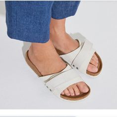 From Birkenstock: "Maximum Comfort, Minimalist-Friendly Design. The Oita Sandal's Suede Upper Comes Together Softly Over The Foot, Secured By A Nubuck Leather Strap. A Double Hook-And-Loop Closure Lets You Perfect The Fit From The Inside Out. Grounded In An Original Contoured Footbed, This One Will Feel Uniquely Yours Wherever You Wear It. Contoured Cork-Latex Footbed Creates Custom Support With Wear Suede Upper With Nubuck Leather Hook-And-Loop Strap Suede Footbed Lining Eva Sole Is Flexible An Birkenstock White, Birkenstock Sandals Women, Birkenstock Sandals Arizona, Grey Sandals, Cute Slippers, Woven Sandals, Toe Post Sandals, Buckle Sandals, Friendly Design