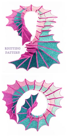 two different types of dragon wings with the words knitting pattern written in white and pink