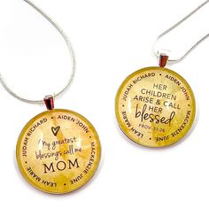 "A meaningful, personalized necklace Mom or Grandma will certainly cherish! Let us personalize this beautiful pendant with her children's names surrounding the words \"My greatest blessings call me Mom\" or \"Her children arise and call her blessed -Proverbs 31:28.\" The silver-plated pendant is approximately 1 1/2\" (38mm) in diameter and is strung on a 24\" silver-plated snake chain with lobster-claw clasp. Or we can design a one-of-a-kind pendant! Feature all of the grandkid's names, name and Inspirational Necklaces As Mother's Day Gift, Meaningful Adjustable Necklace For Personalized Gift, Customizable Keepsake Jewelry For Mother's Day, Meaningful Personalized Gift Necklace For Mother's Day, Personalized Inspirational Necklaces For Father's Day, Inspirational Adjustable Necklace For Personalized Gift, Mother's Day Custom Name Round Pendant Necklace, Inspirational Nickel-free Charm Necklace For Mother's Day, Customizable Necklace For Father's Day Keepsake