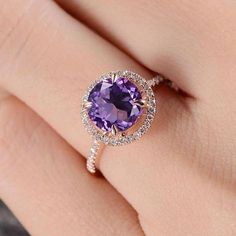 Sale Halo Amethyst Engagement Ring Rose Gold Diamond Band Amythest Engagement Rings, Elegant Amethyst Wedding Ring, Elegant Wedding Amethyst Ring, Gold Amethyst Diamond Ring For Wedding, Gold Amethyst Ring With Center Stone For Wedding, Elegant Wedding Amethyst Gemstone Ring, Elegant Gemstone Bridal Set For Marriage, Elegant Amethyst Rings For Wedding, Elegant Bridal Sets With Gemstone For Marriage