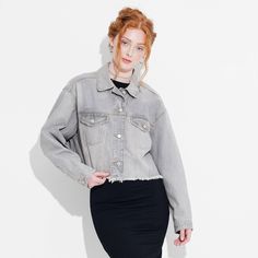 Cropped Denim Trucker Jacket from Wild Fable™. Crafted from heavyweight, 100% recycled cotton fabric. Tailored in a cropped silhouette with mid length. Features classic stitched-seam details with a collared neckline, a button-front design and long sleeves with buttoned cuffs. Two flap chest pockets with button closures complete the look. If you're not satisfied with any Target Owned Brand item, return it within one year with a receipt for an exchange or a refund. Wild Fable™: A look for every st Fall Cotton Cropped Jacket With Relaxed Fit, Cropped Cotton Jacket For Fall, Cotton Cropped Jacket For Fall, Fall Denim Jacket With Frayed Hem For Streetwear, Frayed Hem Denim Jacket For Fall Streetwear, Casual Cropped Cotton Denim Jacket, Urban Denim Jacket With Relaxed Fit For Spring, Urban Style Relaxed Fit Denim Jacket For Spring, Spring Streetwear Denim Jacket With Frayed Hem