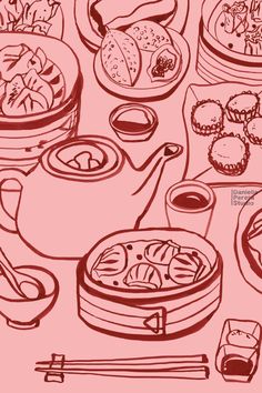 a drawing of food on a table with chopsticks