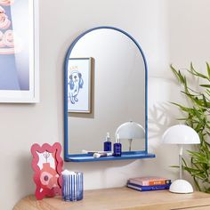 Arched Wall Mirror with Shelf | Dunelm Arched Wall Mirror, Arched Design, Arched Wall, Shelf Modern, Wall Mirror With Shelf, Pastel House, Mirror With Shelf, Blue Home Decor, Interior Aesthetic