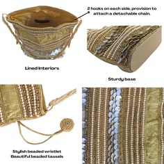 Indian Potli Bags For Parties, Wedding And Festivals, Pearl Gold Evening Bag , Drawstring Bag Embellished With Beads, Pearls, Seashells Stones The potli bag holds a significant place in the cultural heritage of ancient Bhopal, linking back to early tribal traditions that crafted ornaments from various materials. Initially recognized by the Begums (Female Rulers), who added a Persian touch, the craft has evolved into an integral aspect of Nawabi Culture. Today, the beaded potli bags are part of the rich cultural heritage of the city which survives due to the devotion of a few senior artisans.**Spacious Drawstring Bag:** 6 inches * 5 inches * 1.5 inches. The evening bags are spacious to accommodate mobile and other small accessories like car key, cosmetics etc.**Closure:** This wrist bag has Beaded Rectangular Potli Bag For Festive Occasions, Festive Beaded Rectangular Potli Bag, Festive Rectangular Beaded Potli Bag, Bohemian Beaded Potli Bag For Wedding, Beaded Festive Bag For Festivals, Beaded Bags For Festivals And Festive Occasions, Beaded Bags For Festive Occasions, Beaded Bags For Festive Occasions And Festivals, Festive Beaded Bag For Festivals