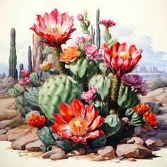 a painting of cactus flowers in the desert