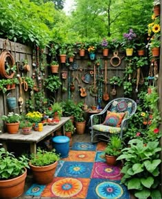 an outdoor patio with potted plants and chairs