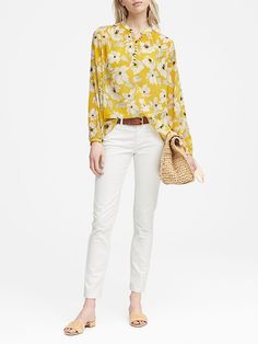 Banana Republic Semi-Sheer Top Feminine Fall Blouse With Button Closure, Chic Spring Button-up Blouse, Spring Casual Blouse With Covered Buttons, Casual Spring Blouse With Covered Buttons, Spring Workwear Blouse With Covered Buttons, Spring Button-up Blouse With Blouson Sleeves, Casual Blouse With Covered Buttons For Spring, Fall Blouse With Covered Buttons, Fall Blouse With Covered Buttons For Daywear