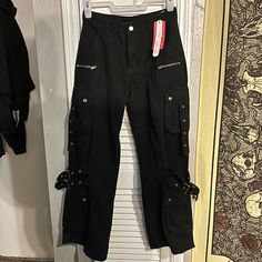 Perfect Condition, New With Tags, Never Worn Size 6 Black Gothic Bottoms For Streetwear, Fall Bottoms With Pockets For Concerts, Punk Pants With Pockets For Concert, Punk Style Pants With Pockets For Concerts, High Waist Punk Pants With Pockets, Black Straight Leg Bottoms For Concert, Wide Leg Pants With Pockets For Concert, Black Pants For Halloween Streetwear, Punk Style High Waist Pants With Pockets