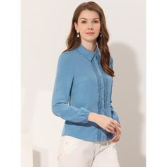 Create an elegant look with this button-up shirt, an essential for every wardrobe. This plain-colored blouse features a button-up at the front, the lace insert, and a regular fit, giving a more elegant and business-like look. A good versatile blouse that could be worn anytime, is well paired with your jeans, hip skirts, and long pants for a charming style. Soft and lightweight Woven fabric ensures all-day comfort. Occasion: Business, Office, Meeting, Career, Work, Coffee Shop, Casual, Daily wear Lace Trim Long Sleeve, Women's Office, Floral Lace Blouse, Womens Office, Lace Blouse Long Sleeve, Office Meeting, Elegant Blouses, Women Formals, Lace Insert