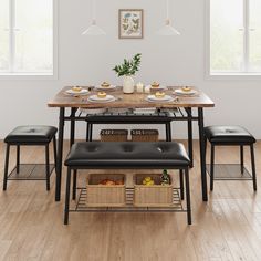 a dining table with benches and baskets under it