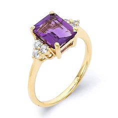 This solid 10k/14k gold amethyst ring is the perfect gift for a loved one for any occasion - Birthday, Mother's Day, Graduation, Anniversary, and will certainly put a smile on their face! The center amethyst stone is carefully crafted and its beauty is well enhanced with the surrounded bright white diamonds.  10K - 2.4 Grams  14K - 2.6 Grams Center Stone: 9x7mm Emerald Cut Amethyst   1.90 Carat 6 Round 1.75mm Genuine Diamond .15 Carat All of our products are made with 10k/14k Solid Gold and are stamped with Gold Purity for Certification.  We want to make sure that each purchase is to your desire! We can customize any ring and gemstone to be exactly to your liking. We offer complimentary engraving, gift wrapping, and  30 day free returns/exchanges with every purchase! If you have any questi Yellow Gold Amethyst Ring With Emerald Cut, Fine Jewelry Amethyst Ring With Accent Stones, Purple 14k Gold Rings With Brilliant Cut, 14k Gold Purple Emerald Cut Rings, Yellow Gold Amethyst Ring With Gemstone Accents For Anniversary, 14k Gold Brilliant Cut Purple Amethyst Ring, Elegant 14k Gold Amethyst Promise Ring, Yellow Gold Amethyst Ring With Brilliant Cut For Promise, Fine Jewelry Yellow Gold Amethyst Ring With Accent Stones