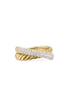 Overlapping bands of 18-karat gold and pavé diamonds create a perfect balance of shine and texture on this subtle statement ring. Total diamond weight: 0.56ct. 18k gold/diamond Imported >Diamond Guide Infinity Engagement Ring, David Yurman Ring, Diamond Guide, Platinum Metal, Gold Diamond Rings, Rose Gold Diamonds, Customer Care, David Yurman, Moissanite Diamonds