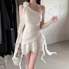 Nwttoo Small For Me Size L But Runs Small, Fits S-M Elegant Mini White Dress, Mid Length White Dresses, One Sleeved Dress, Asymmetrical White Dress, White Formal Dresses Short, Ulzzang White Dress, Simple White Dress Classy, White Dress Short Formal, Angelcore Clothes