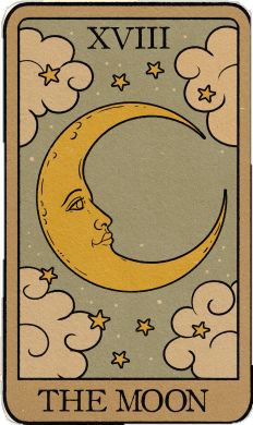 the moon tarot card with clouds and stars