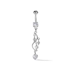 This elegant belly ring has CZs dangling in graduating sizes that catch the eye with shimmer and sparkle. Made in surgical-grade stainless steel. Stone: Cubic Zirconia Gauge: 14 Tube Length: 7/16" Fits belly button piercings. Adjustable Metal Belly Rings For Wedding, Silver Dangle Belly Rings In Stainless Steel, Silver Cubic Zirconia Belly Rings For Wedding, Elegant Metal Dangle Belly Rings, Elegant Dangle Belly Rings With Internally Threaded Design, Elegant Dangle Belly Rings With Internally Threaded Detail, Elegant Adjustable Dangle Belly Rings, Cute Belly Rings Dangle, Dangling Belly Button Rings