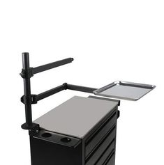 a black and silver cart with two trays on the top that is attached to it