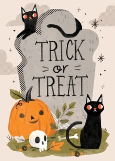 a halloween card with cats and pumpkins in front of a tombstone that says trick or treat