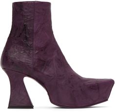 Ankle-high crinkled grained leather boots in purple. Smudging throughout. · Pointed toe · Zip closure at inner side · Leather lining · Covered platform midsole and modified block heel · Leather sole · Platform: H1.25 in · Heel: H4 in Supplier color: Purple Crocodile Boots, Mini Boots, Brands Fashion, Purple Leather, Curator Style, Boot Shoes Women, High Boots, Color Purple, Leather Boots