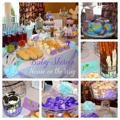 there are many pictures of baby shower items on the table, including cookies and candies