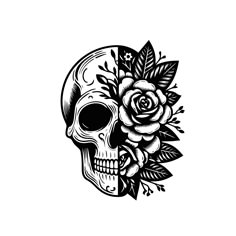 a black and white drawing of a skull with roses