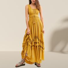 Step into summer with our Summer Beach Dress, a sleeveless cotton maxi dress that exudes boho style. This solid color sundress features delicate lace accents and ruffled details, offering a blend of casual elegance and comfort. Perfect for beach outings, vacations, or casual summer days, this dress is a must-have for a breezy, effortless look. Before buying, please check the size you need according to our size chart. Our sizes may differ from your country's size chart. Please guided by the param Breezy Summer Maxi Dress With Ruffles, Sleeveless Beach Dress With Ruffles, Sleeveless Boho Dress With Ruffles For Beach, Spring Floor-length Sleeveless Beach Dress, Floor-length Sleeveless Dress For Beach Spring, Ruffled Maxi Sundress For Beach, Ruffled Maxi Sundress For The Beach, Vacation Sleeveless Boho Dress With Ruffles, Sleeveless Ruffled Beach Dress Cover-up