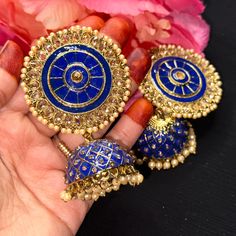 Brand New Gorgeous Oversized High Quality Indian Earrings. Gorgeous Golden Stones & Royal Blue Beaded Work Round Shaped On Top & Jhumka On Bottom Perfect For Any Occasions. Elegant Blue Jhumkas With Latkans, Blue Tilla Jhumkas For Festivals, Blue Tilla Jhumkas For Gift, Blue Jhumkas With Tilla For Festivals, Blue Bollywood Jewelry With Latkans, Blue Jhumkas For Festive Occasions, Blue Jhumkas With Latkans For Diwali, Blue Jewelry With Latkans For Diwali, Diwali Blue Jhumkas With Latkans