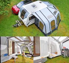 two pictures show the inside and outside of a camper with its awning open